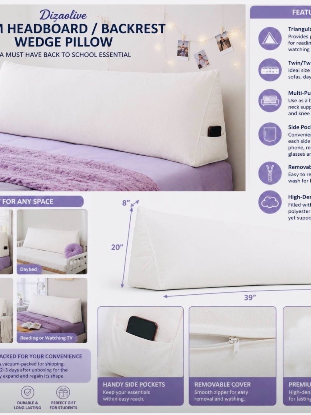 White DizaOlive Backrest Wedge Twin XL Pillow